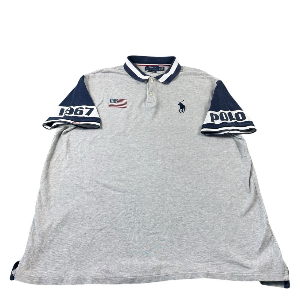 Polo Ralph Lauren Gray American Flag Spellout Polo Shirt Mens 2XL XXL